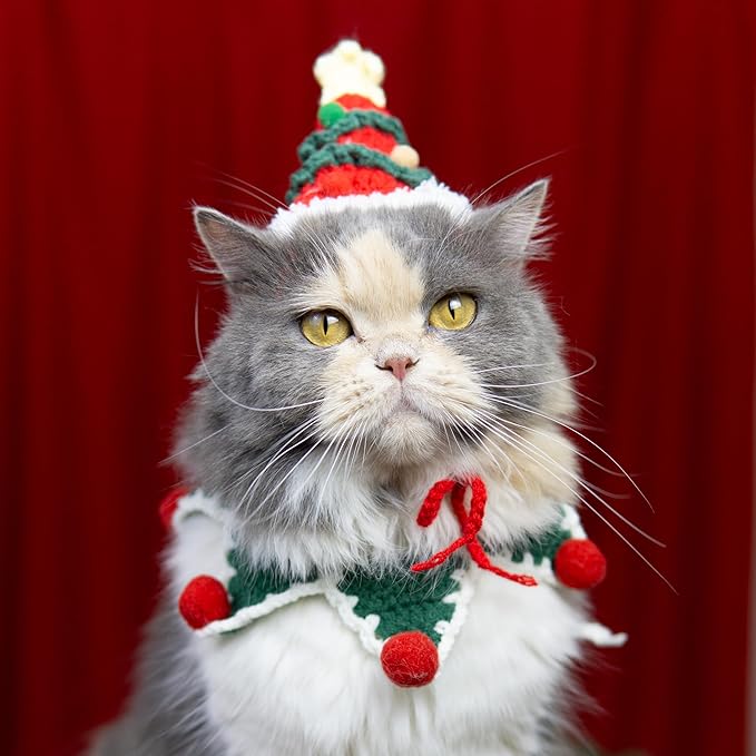 Christmas Cat Costume,Handmade Christmas Tree Dog Hat,Cat Outfit,Dog Costume,Adjustable Fit Five-Pointed Star Kitten Clothes,Pet Accessories for Party,Outgoing