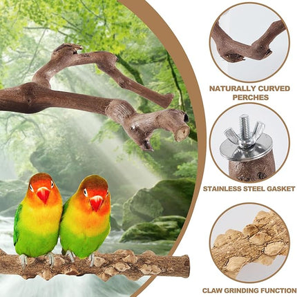 6-Piece Bird Perch Set - Natural Wood Grape Sticks, Paw Grinding Forks, Bird Stand & Toys for Parakeets, Cockatiels, Conure, Budgies