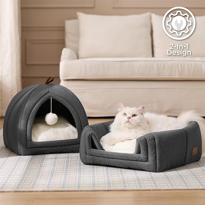 Bedsure Cat Beds for Indoor - 2 in 1 Cat Cave House Tent for Kittens and Small Pets with Removable Washable Cushioned Pillow, Foldable Kitten Hideaway with Non-Slip Bottom, Dark Grey, 16 inches