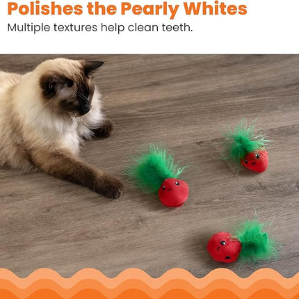 Catstages Strawbabies 3-Pack Catnip Cat Toys for Dental Health, Feather & Crinkle Teething Toys for Kittens and Indoor Cats, Interactive Play, Pink