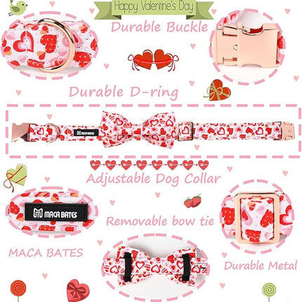 Maca Bates Valentine's Day Dog Collar with Fancy Bow for Large Girl Boy Dogs,Love Pink Hearts Pattern,Adjustable Durable Soft Valentine Gift for Female Male Puppy