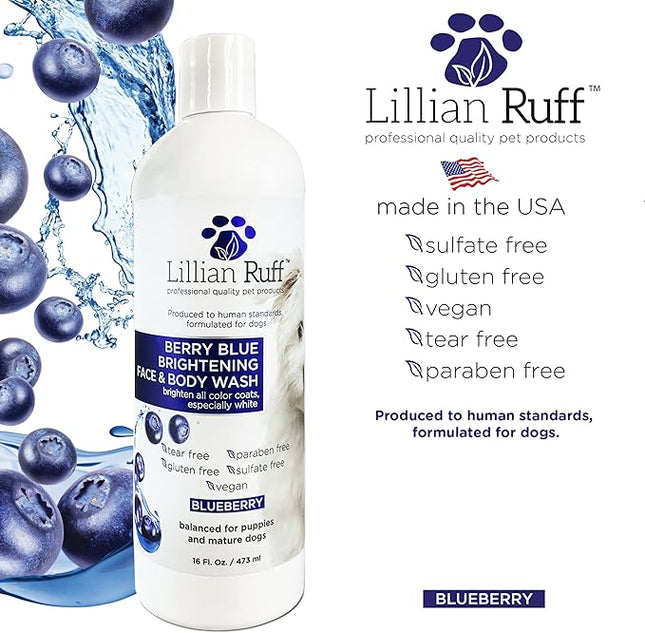Lillian Ruff PRO Formula Berry Blue Brightening Dog Shampoo + Blueberry Waterless Dog Shampoo - Professional Whitening, Tear Stain Remover & No-Rinse Hydrating Odor Control, Aloe+Coconut Oil, USA Made