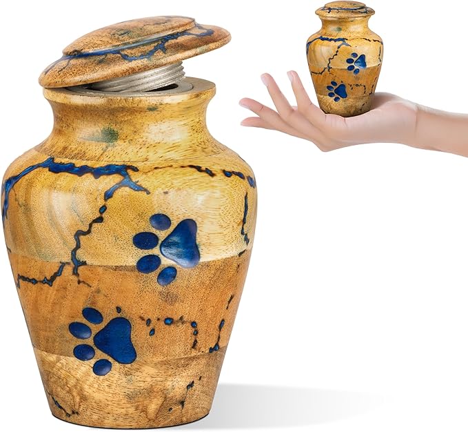 INTAJ Wooden Pet Urns for Dogs/Cats Ashes - Blue Resin Paws & Lichtenburg Design - Keepsake Cremation Urn Box, Pet Memorial Wooden Urns for Ashes, Small to Large Sizes (Classic, Small)