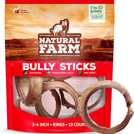Natural Farm Odor Free Bully Sticks Ring Shaped (3-4 Inch, 10 Pack) - 100% Beef Chews for More Engagement & Fun, Grass-Fed, Non-GMO, Fully Digestible - Best for Small & Medium Chewers