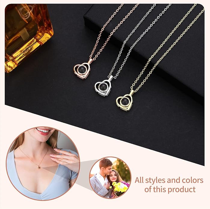 Easycosy Personalized Picture Necklace Projection Necklace with Photo Inside - Custom Photo Heart Pendant Necklace - Photo Gifts Valentines Birthday Love Memorial Gifts for Girlfriend Wife Women