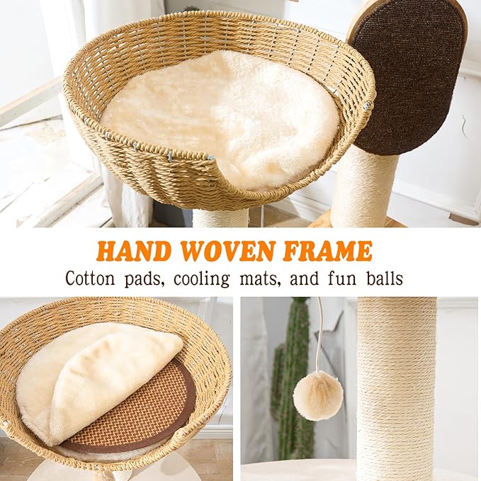 Large Cat Tree Wood - Modern Multi-Cat Tower with Scratching Posts & Handwoven Condo | Sturdy Cat Furniture for Indoor Cats, Modern Cat House Supplies
