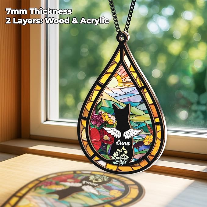 Personalized Angel Cat Memorial Suncatcher, Dog Cat Suncatcher Remembrance Gift, Engraved Pet Memorial Ornament, Pet Sympathy Keychain, Loss of Animal Sympathy Card, Rainbow Bridge Pet Loss Gift