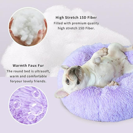Purple Dog Bed Medium Size Dog 23 Inch Anti-Anxiety Donut Dog Cuddler Bed, Warming Cozy Soft Fluffy Faux Fur Plush