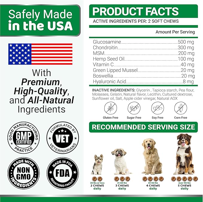 YUMA'S Hemp Hip and Joint Supplement for Dogs - Glucosamine for Dogs - 170 Joint Pain Relief Chews - Chondroitin, MSM - Hemp Oil - Advanced Canine Health Supplement - Mobility Support Treats