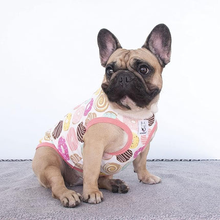 iChoue 100% Breathable Cotton Pug Halloween Cartoon T Shirts Cute Clothes for Dogs Vest Tank Tops Puppy French Bulldog Frenchie English Boston Terrier Donuts - Small