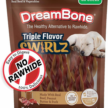 DreamBone Triple Flavor Swirlz No Chicken Added for Dogs, 25 Count, Treat Your Dog to Easy-to-Digest Rawhide-Free Chews Made with Real Beef, Peanut Butter and Pork