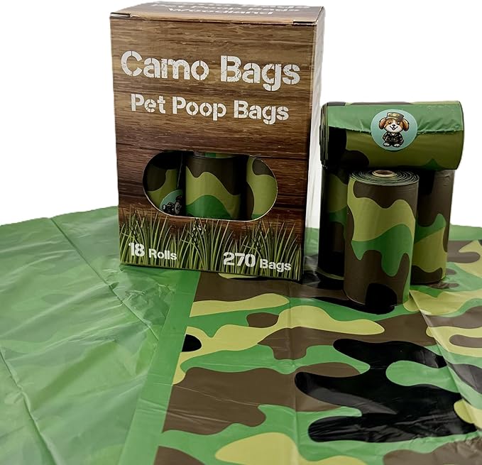 Pet poop bags with a camouflage pattern. Dog poop bags rolls for dog walking, dog parks, and the yard.