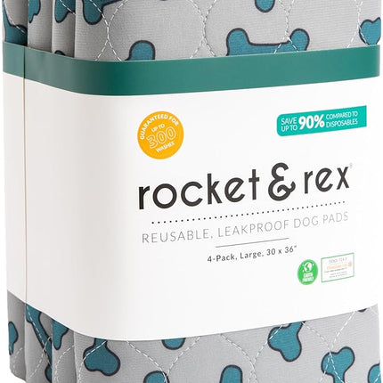 rocket & rex Premium Washable Pee Pads for Dogs, Waterproof & Reusable Puppy Pads for Potty Training, Whelping, Lining Crates & More, Guaranteed for up to 300 Washes, 30" x 36" (Pack of 4)