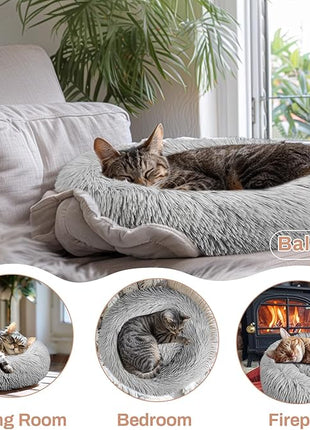 Cat Bed - Calming Cat Bed for Small Kittens Donut Washable Round for Indoor Kittens and Puppies, Anti-Slip Round Fluffy Plush Faux Fur, Small, Light Grey