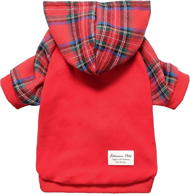 Fitwarm Tartan Plaid Dog Hoodie, Dog Clothes for Small Dogs Girl Boy, Pet Sweatshirt with Hood, Cat Winter Outfit, Red, Green, Large