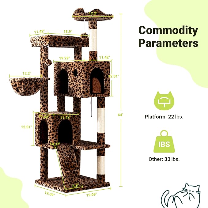 Allewie 64 Inches Cat Tree Tower/Multi-Level Activity Center for Indoor Big Felines/2 Plush Condos/2 Perchs/Basket/House/Sisal Scratching Posts/Hanging Cat Toys/Leopard Print