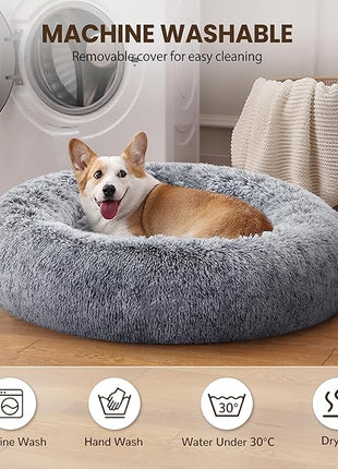 Calming Dog Bed - Donut Washable Large Size Round Pet Bed for Dogs and Cats, 36 inches Anti-Slip Fluffy Faux Fur Plush Cat Bed, Anti-Anxiety Cushion with Anti-Slip Bottom