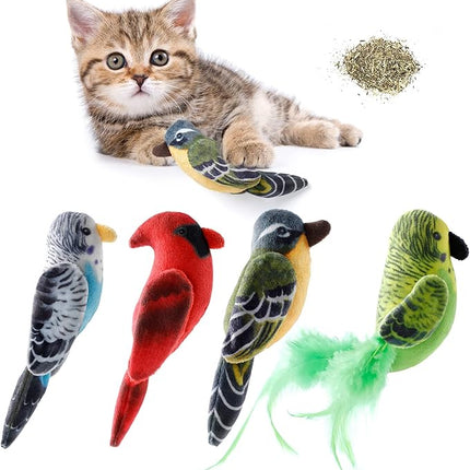 Dorakitten Cat Catnip Toys Interactive Cats 4pcs Kitten Plush Nip Chew Bird Toy with Crinkle Paper Pet Best Treats Stuffed Pillow Cute Teething Play Gifts Soft Kick Sound Supplies for Indoor Kitty