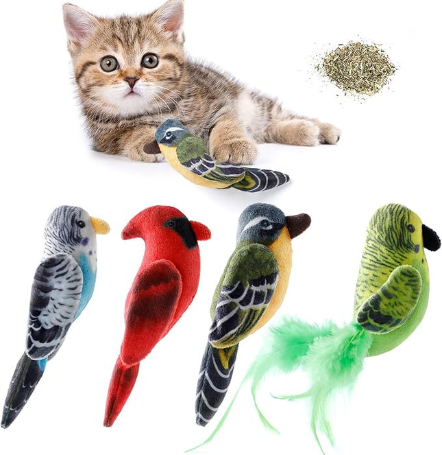 Dorakitten Cat Catnip Toys Interactive Cats 4pcs Kitten Plush Nip Chew Bird Toy with Crinkle Paper Pet Best Treats Stuffed Pillow Cute Teething Play Gifts Soft Kick Sound Supplies for Indoor Kitty