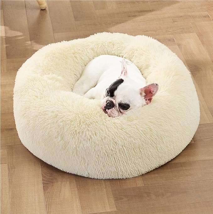 Bedsure Calming Dog Bed for Small Dogs - Donut Washable Small Pet Bed, Round Anti-Slip Fluffy Plush Faux Fur Large Cat Bed, Fits up to 25 lbs Pets, Ivory Beige, 23 inches