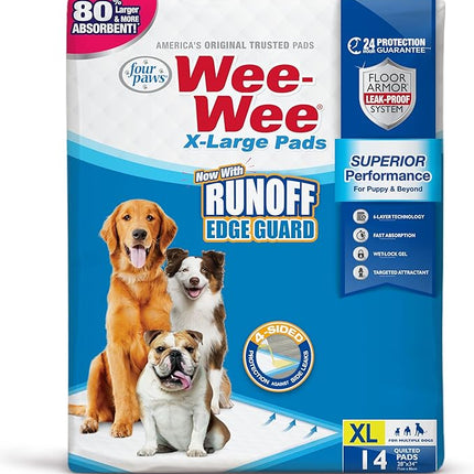 Four Paws Wee-Wee Superior Performance Unscented Extra-Large Pee Pads for Dogs & Puppies, Quilted Leak-Proof Dog Housebreaking Potty Training Floor Protection, 28" x 34", 14 Count