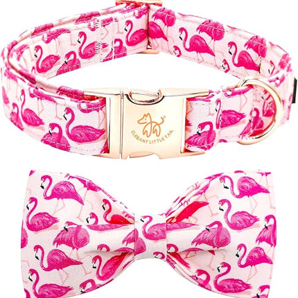 Elegant little tail Dog Collar, Pink Flamingos Dog Collar with Bow Girl Cotton Bowtie Spring Pet Collars Gift Adjustable Pet Collars for Small Dogs