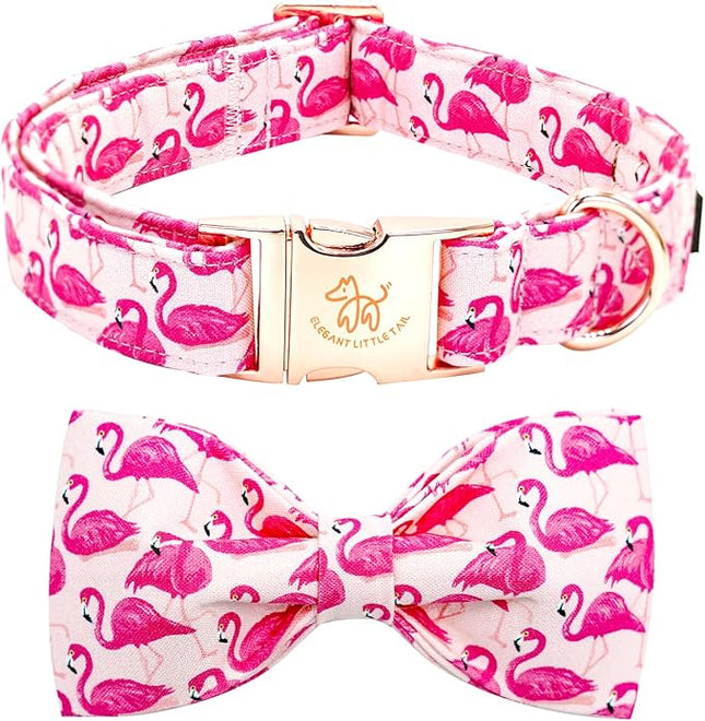 Elegant little tail Dog Collar, Pink Flamingos Dog Collar with Bow Girl Cotton Bowtie Spring Pet Collars Gift Adjustable Pet Collars for X-Small Dogs