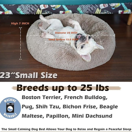 nononfish Puppy Beds for Small Dogs Washable - 23 Inches Round Faux Fur Pet Bed for Puppy and Cat Donut Fluffy Plush Orthopedic Doggy Beds Relief Improved Sleeping,Camel
