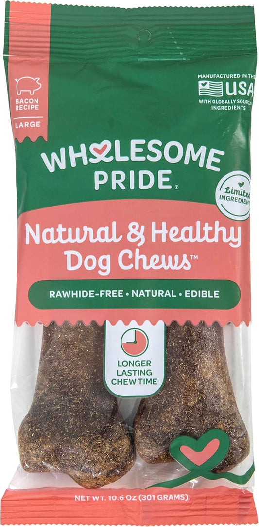Wholesome Pride Natural & Healthy Dog Chews 2Pk for Large Dogs, Bacon Flavor, Made in The USA