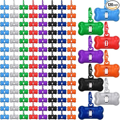 Zhehao 120 Pcs Bone Shaped Dog Poop Bag Dispensers with Disposal Small Dog Waste Bag Holder with Hook for Pet Puppy Walking Hiking Camping, 8 Colors
