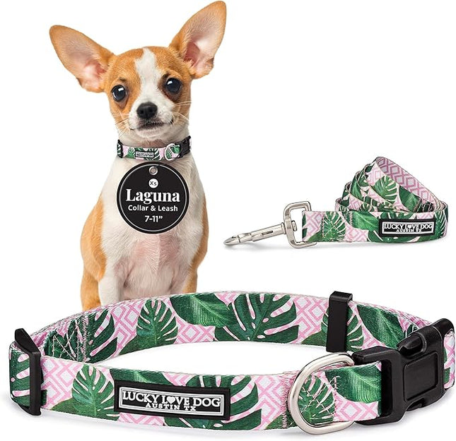 Lucky Love Dog, Tropical Matching Dog Collar & Leash Set, Soft & Comfy, Vivid Pink Color Collar and Leash for Female Male Dogs - (X-Small, Laguna Combo)