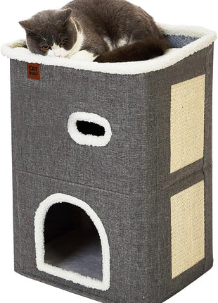 CATBOAT 2-Storey Cat House for Indoor Cats Bed, Covered Beds & Furniture with Scratch Pad and Hideaway Cave, Cute Modern Condo for Multi Small Pet Large Kitten Kitty, Grey