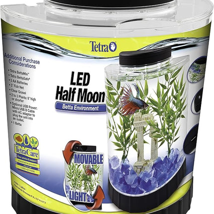 Tetra 1 Gallon Half Moon Small Fish Tank w/ Movable LED Light, For Betta & Gold Fish, Aquarium