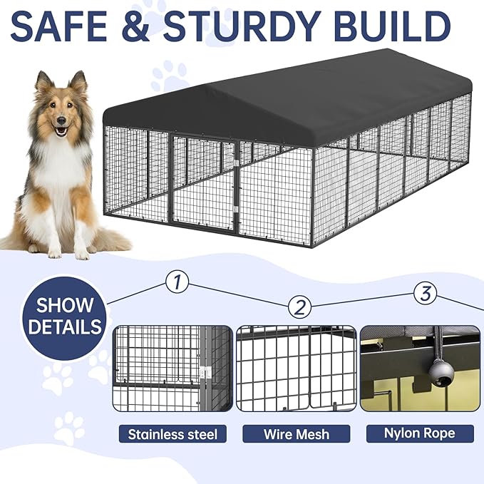 236" x 118" Outdoor Dog Kennel Steel Ideal Dog Fence for Medium/Small Dogs Anti-Rust Coating Cage with Roof All Weather Resistant Dog House with Double Locks