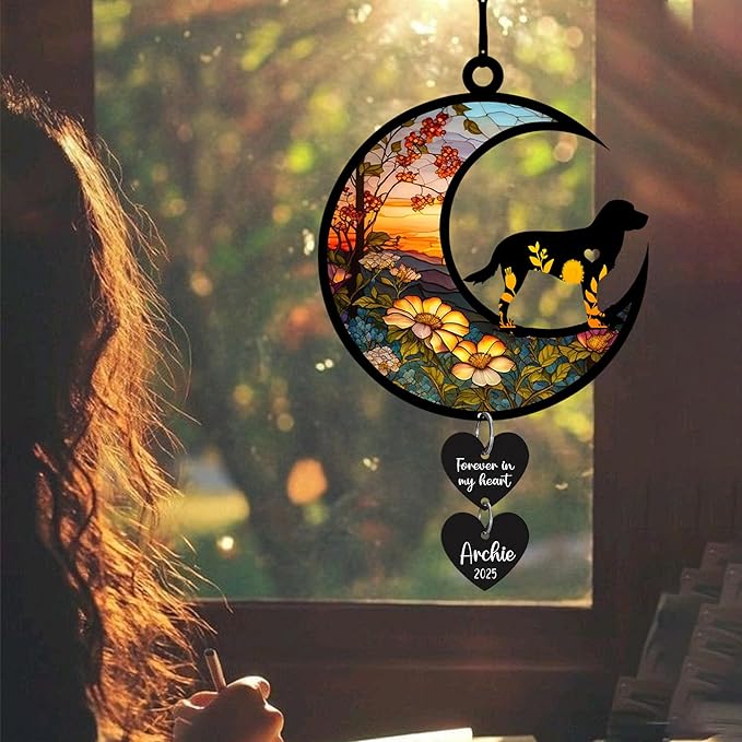 LOVELYPOD Personalized Dog Memorial Suncatcher Window, Pet Loss Sympathy Gift, Custom Fur Memorial Gifts for Loss of Pet, Dog Remembrance Stained Glass, Hanging Garden Decor with Moon