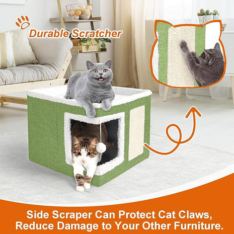 Cat Houses for Indoor Cats - Large Cat Bed Cave with Scratch Pad and Fluffy Ball, Foldable Cat Condo Hideaway with Reversible Cushion for Multi Small Pet, Green