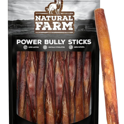 Natural Farm Power Bully Sticks Dog Chews (12”, 12-Pack), 2-in-1 Power Chews: Premium Beef Cheek Wrapped in Beef Pizzle, Double Chewing Time, Great Dog Dental Treats, for Small, Medium & Large Dogs