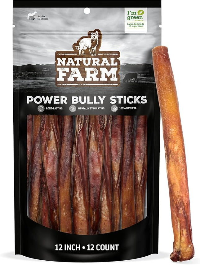 Natural Farm Power Bully Sticks Dog Chews (12”, 12-Pack), 2-in-1 Power Chews: Premium Beef Cheek Wrapped in Beef Pizzle, Double Chewing Time, Great Dog Dental Treats, for Small, Medium & Large Dogs