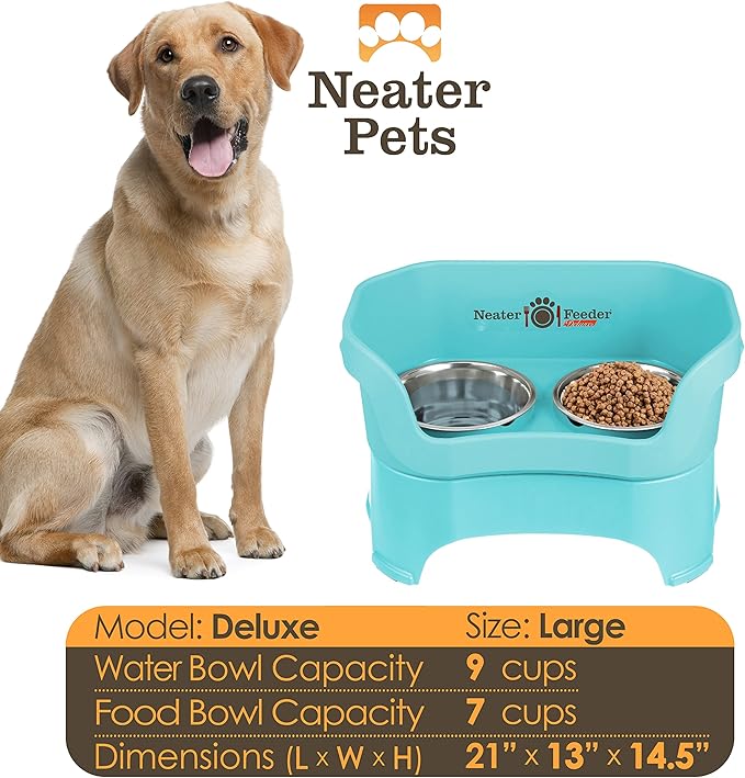Neater Pet Brands Neater Feeder Deluxe Mess Proof Dog Bowls Elevated for Large Dogs Over 40 lbs, Made in USA, No Spill Raised Dog Food Bowl Stand Feeding Station, Food and Water Bowl Set, Aquamarine