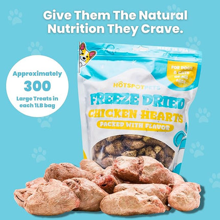 hotspot pets Freeze Dried Chicken Hearts for Cats & Dogs - 1LB Big Bag- Made in USA -Single Ingredient All Natural Grain-Free -Resealable Bag- Perfect for Training, Topper or Snack, Allergen-Free