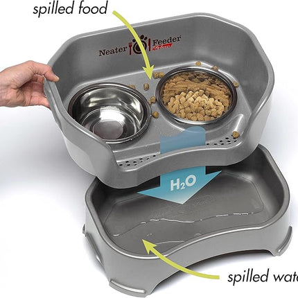 Neater Feeder Deluxe Mess Proof Cat Bowls Elevated for All Breeds – Made in USA – No Spill Raised Cat Bowls for Indoor Cats w/Leg Extensions – Stainless Steel Cat Food and Water Bowl Set - Grey