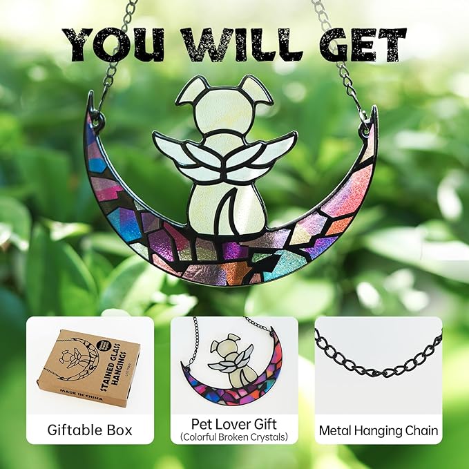 Stained Glass Angel Window Hangings Suncatcher Dog Memorial Gifts for Loss of Dog, Pet Memorial Gifts for Dogs, Loss of Dog Sympathy Gift, Dog Bereavement Gift, Memorial Dog Passing away Gifts