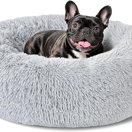 Dog Bed Calming Beds for Small Medium Dogs - Round Donut Washable Dog Bed, Anti-Slip Faux Fur Fluffy Donut Cuddler Anxiety Cat Bed(Light Grey 24")
