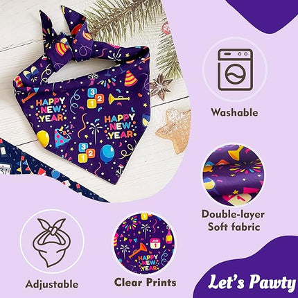 Happy New Year Dog Bandanas - 2 Pack Reversible Holiday Dog Scarf for Boy and Girl, Premium Durable Fabric, Bandana for Medium and Large Dogs (Large)