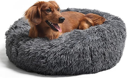 Round Calming Dog Beds for Medium Dogs 30 Inches Anti-Slip Donut Washable Plush Faux Fur Pet Bed fits up to 45 lbs Pets,Dark Gray