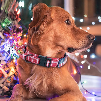 Hotsky Tactical Dog Collar, Adjustable Military Training Nylon Airtag Collar with Handle and Heavy Duty Metal Buckle for Medium Large Dogs, with Airtag Holder and Two Patches（Redplaid,M）