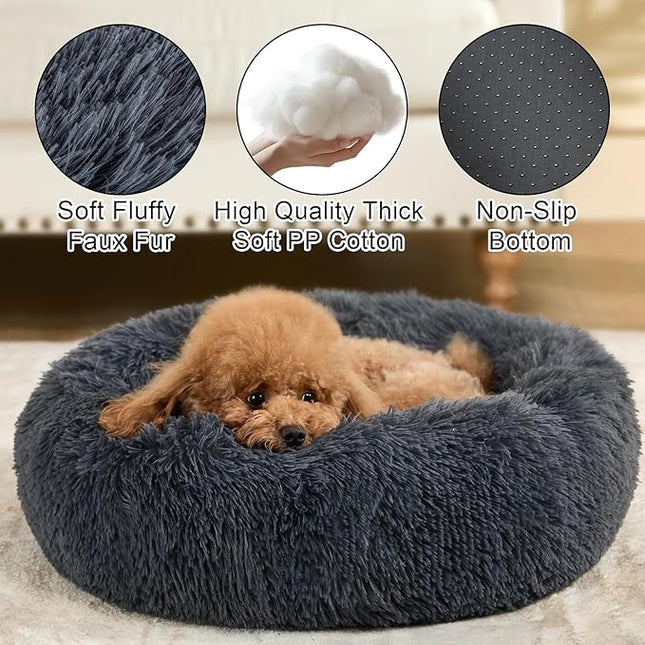 Dog Calming Beds for Small Medium Large Dogs - Round Donut Washable Puppy Dog Bed, Anti-Slip Faux Fur Fluffy Donut Cuddle Anxiety Cat Pet Bed(32" Dark Grey)