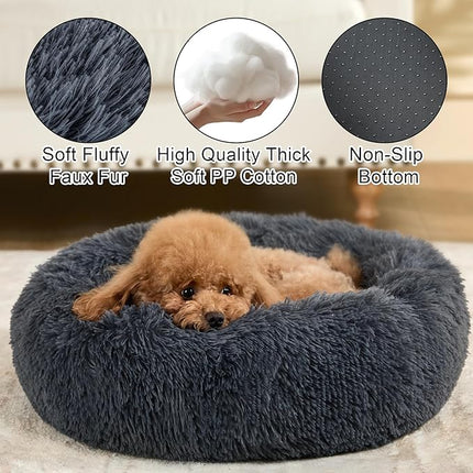 Dog Calming Beds for Small Medium Large Dogs - Round Donut Washable Puppy Dog Bed, Anti-Slip Faux Fur Fluffy Donut Cuddle Anxiety Cat Pet Bed(16" Dark Grey)