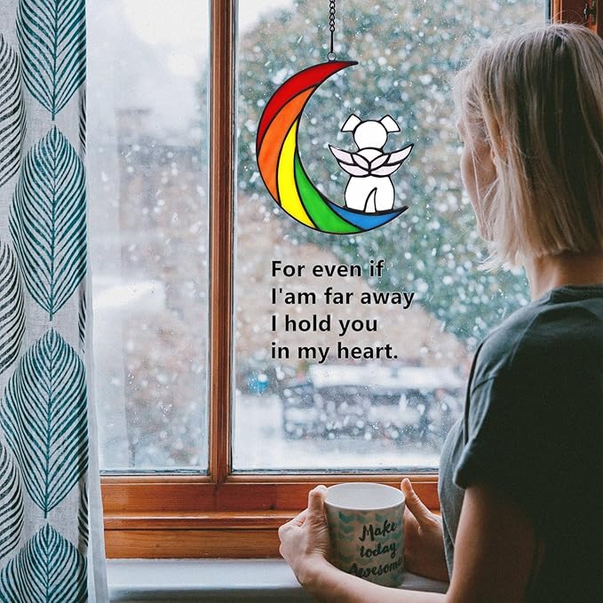 Stained Glass Rainbow Bridge White Dog Memorial Gifts for Loss of Dog Sympathy Remembrance Suncatcher, Thoughtful Pet Loss Bereavement Gifts in Memory of Pet Passing Away Window Hanging.