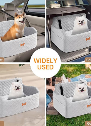Car Seat for Large Size Dog, Booster Seat for Dogs Under 55 lbs or 2 Small Dogs, Soft Car Dog Bed Filling in Thick Memory Foam with 2 Safety Leashes and Storage Pocket (Grey)